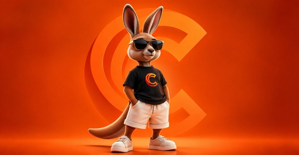 Mascote da Convertta: canguru de óculos escuros, camiseta preta com o símbolo C e short branco, sobre fundo laranja